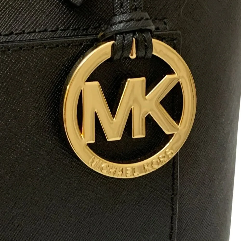 Michael Kors Black Saffiano Leather Tote Bag Gold Tone MK Charm Medium - Picture 2 of 13